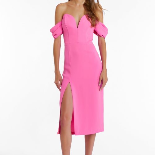 Girl in hot pink off the shoulder midi dress, front facing.