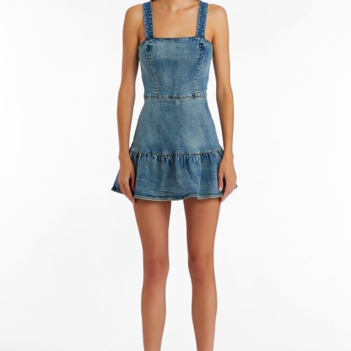 Denim skort dress, front facing.