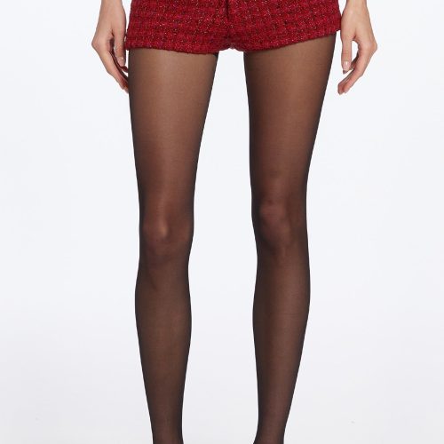 Red houndstooth mini shorts, front facing.