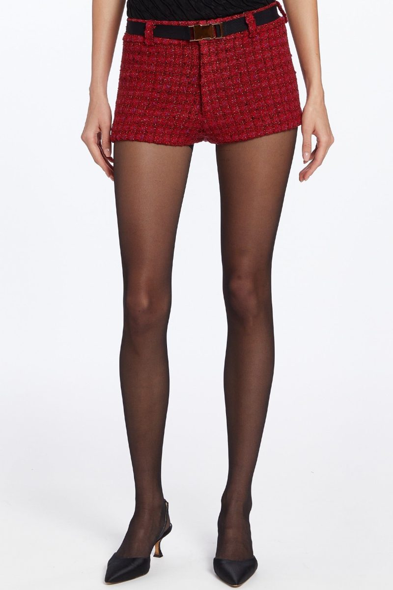 Red houndstooth mini shorts, front facing.