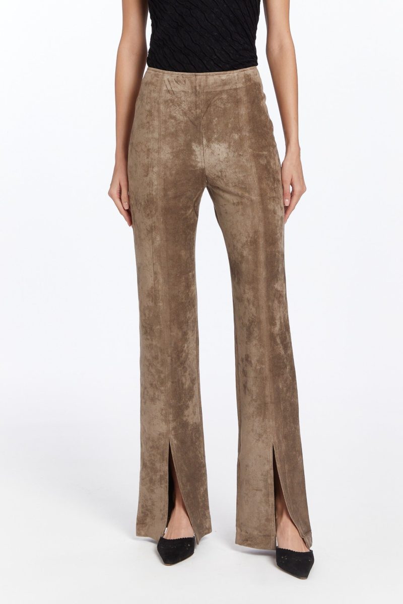 Brown suede pants with slits.