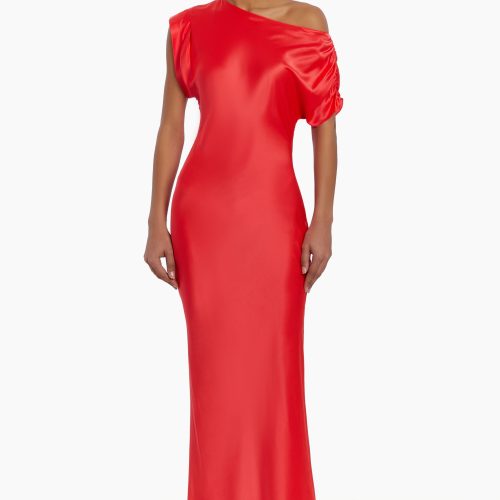 Girl in silk one shoulder red maxi dress, front facing.