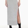 Grey midi skirt with high slit, front facing.