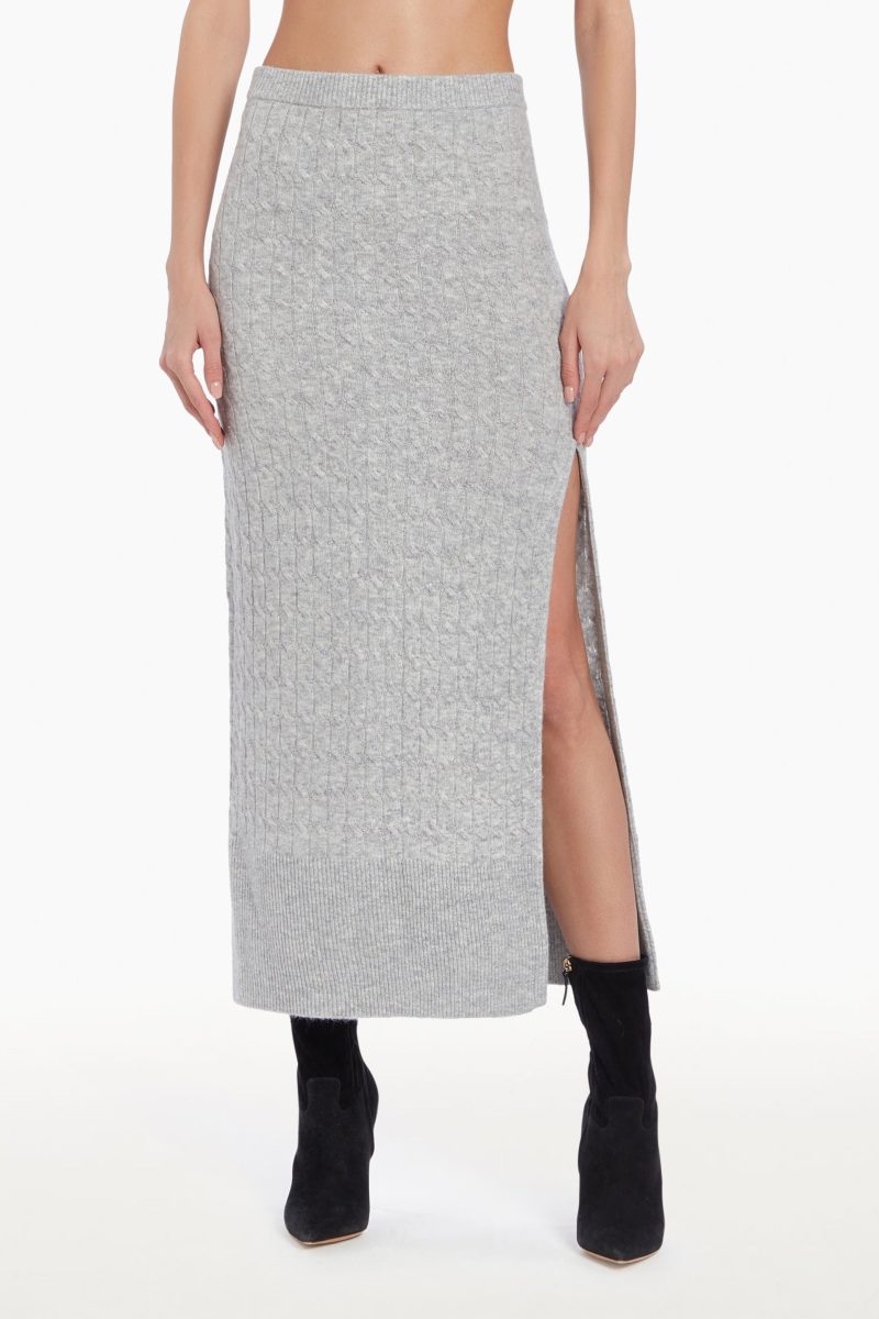 Grey midi skirt with high slit, front facing.