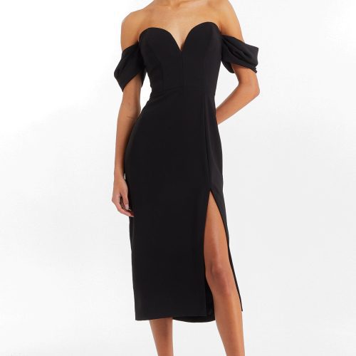 Girl in black off the shoulder midi dress, front facing.